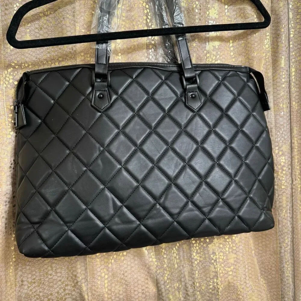 Badgley Mischka Black Quilted Vegan Leather Travel Weekender Tote Bag‎ NWT